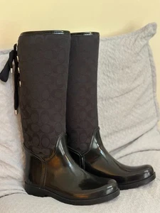 Women's COACH Tristee Lace-Up Corset Signature Logo Rain Boots Black Size 7B - Picture 1 of 16