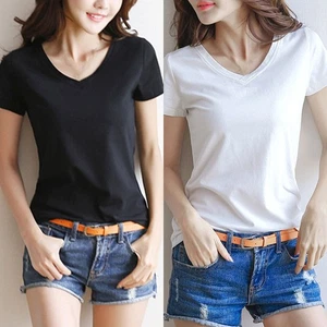 Top Womens T-Shirt Plain Short Sleeve Slim Fit S~2XL Tees Shirt Polyester - Picture 1 of 19