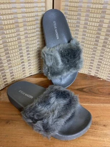 Steve Madden Girls Jsoftey Slides Gray Faux Fur Slides Girls Size 3 - Picture 1 of 4