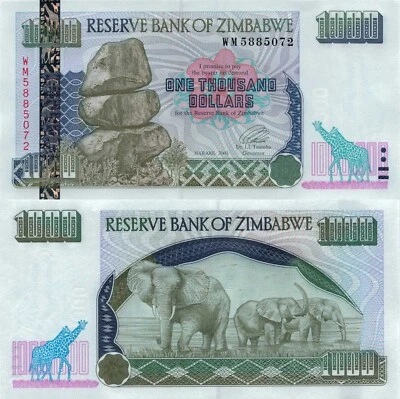 Zimbabwe 1000 Dollars 2003 - Chiremba Rocks/African Elephants, p-12, B112a UNC - Image 1 of 3