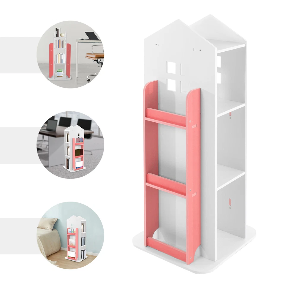 4 Tiers 360° Kids Pink Castle Rotating Bookshelf Floor Mount For Small Space - Image 1 of 4