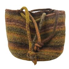 Vintage Wool Shoulder Bag Bucket Drawstring Tote Brown Orange Green