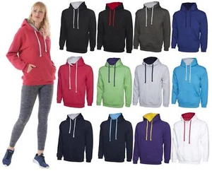 Damen Langarm Uni Kontrast Kapuze Hoodie Kordelzug Pullover Tasche Hoodie - Bild 1 von 13