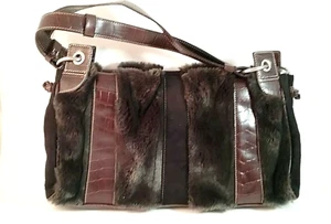 Apostrophe Faux Fur Shoulder Bag Purse with Brown Faux Leather Trim 13" x 8"  - Picture 1 of 9