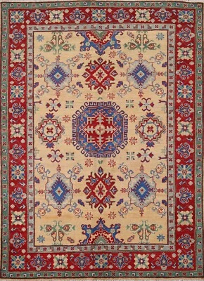 Alfombra oriental geométrica súper kazaja dorada/roja 5'x6' alfombra hecha a mano de lana Foto 1 de 4