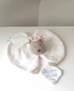 Doudou Plat/Mouchoir Rond Renne/Élan/Cerf Blanc Rose Beige Fleur - Sucre D'orge - Picture 1 of 6