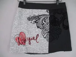 Desigual Skirt Womens 10 Grey Black NWT Mini Floral Embroidered Heart Suede A - Picture 1 of 17