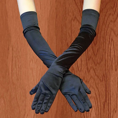 Guante largo NEGRO para clubes nocturnos boda ópera satinado brazo dedo longitud codo EE. UU. Foto 1 de 4