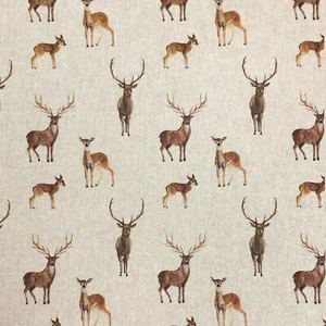 Cotton Rich Linen Look Fabric Digital Stags & Deers Upholstery - Picture 1 of 2