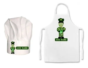 KIDS PERSONALISED Cartoon Army Boy Chef Print Kids Chefs Hat / Apron Set - Picture 1 of 6