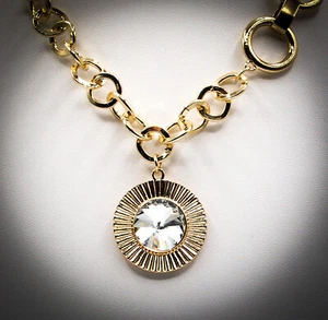 Gold Tone Chain Pendant Necklace with Large Clear Crystal - Picture 1 of 2