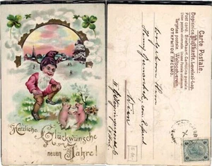65759, goffratura cartolina Capodanno nano maialino danza trifoglio - Foto 1 di 1
