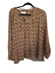 Natural Life Women's Size XL Long Sleeve Ditsy Floral Boho Peasant Top Brown - Picture 1 of 7
