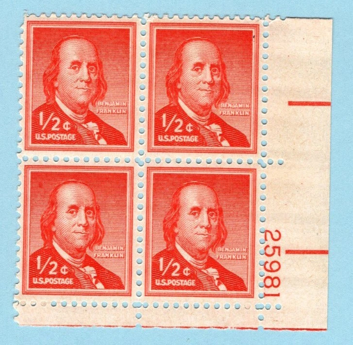 US Sc #1030 MNH PLATE # BLOCK Benjamin Franklin Randomly selected - Image 1 of 1