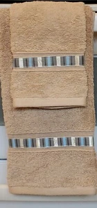 2 pc Bathroom Hand Towel & Wash Cloth Set trimmed with stripped ribbon Accent - Picture 1 of 1
