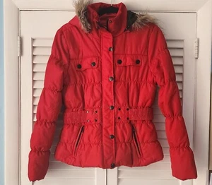 Womens Red Dollhouse Puffer Jacket Removable Fur Hood Full Zip Sz Medium Belt - Picture 1 of 11