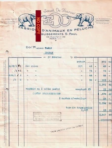 Schönes Dokument vom 17.02.1942 ZOO TOY DE FRANCE Plüschtiere - Paris 75 - Bild 1 von 1