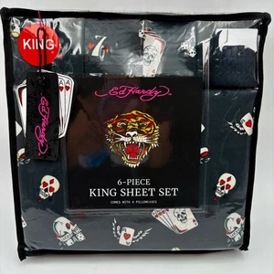 Ed Hardy King Sheet Set 6 Piece Tiger Skull Tattoo Card Print Bedding New - Picture 1 of 4