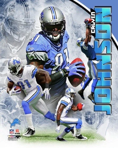 Póster de Calvin Johnson de fútbol americano de la NFL con letrero de metal de los Detroit Lions de 12x8 pulgadas Foto 1 de 1