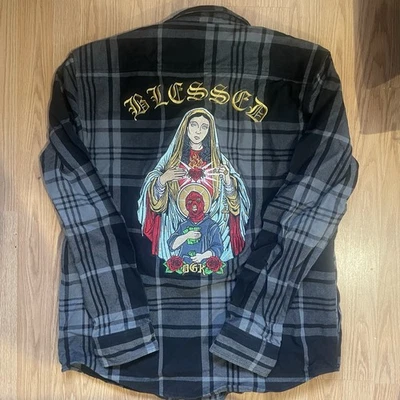 DGK Blessed Shacket 黑色和灰色纽扣男式中号条纹刺绣 — 第 1/4 张图片