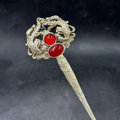 Exquisita horquilla de China Miao nacionalidad plateada dragón fénix con piedra roja Foto 1 de 4