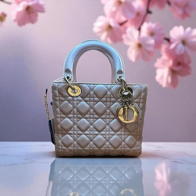 Christian Dior Medium  Lambskin Cannage Lady Dior  Pink Pearlescent Leather Bag - Image 1 of 4