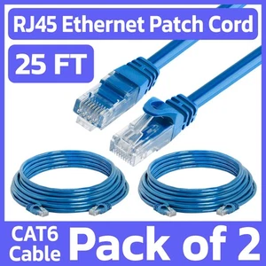 2 Pack 25 FT Cat6 Patch Cord Blue RJ45 LAN Network Cable Internet Ethernet Cord - Picture 1 of 7