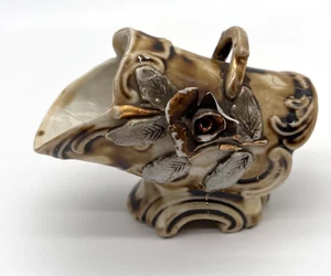 Vintage Porzellan hellbraun braun Korb mit Griff Rosenblätter 3" hoch x 3,5" breit - Bild 1 von 7