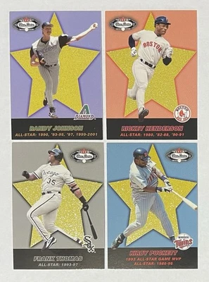 4 FLEER 2002 Box Score Frank Thomas Kirby Puckett Randy Johnson Rickey Henderson - Image 1 of 2