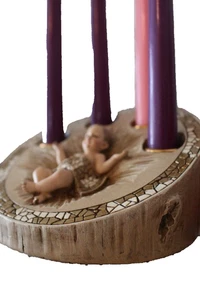 Advent Candle Holder Wreath Baby Jesus Mosaic Wood Look 7 inch Round 4 Taper - Picture 1 of 4