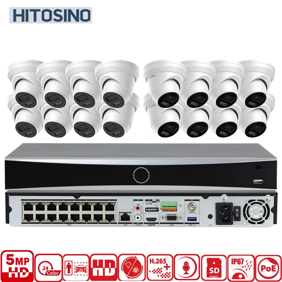 KIT de cámara a color 16 canales 5 MP MICRÓFONO cámara IP 2SATA POS AI I2 POE NVR 256 Mbps Lote Foto 1 de 4