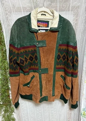 CRIPPLE CREEK Retro Design Leather Suede Boa Jacket XL Green Brown - Image 1 of 4