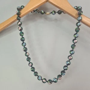 "Collar de cuentas Cloisonné negro esmalte floral 25"" cuentas 12 mm vintage" - Imagen 1 de 10