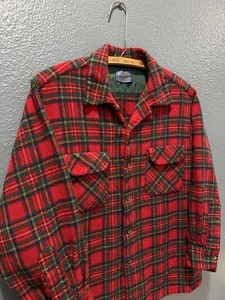 Vintage 80’s Pendleton Plaid Wool Loop Collar Board Shirt Sz Large Red Shrunken - Picture 1 of 6