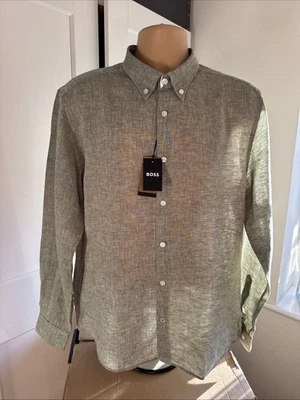 HUGO BOSS C-LIAM-BD REG FIT PURE LINEN SHIRT IN PASTEL GREEN SZ M BNWT RRP £139 - Image 1 of 4