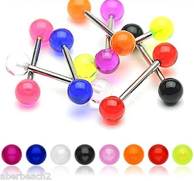 316L Surgical Steel Tongue Ring Barbell with UV Light Reactive Acrylic Ball - Image 1 of 2