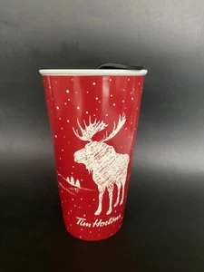 New Tim Hortons 2018 Moose Ceramic Travel Tumbler Red White Moose w/t Lid - Picture 1 of 5
