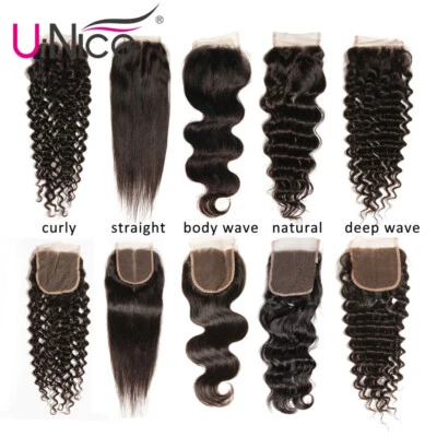 UNice Indian Curly/Straight/Wavy Virgin Human Hair Lace Top 4x4 Closure 10"-20" - Image 1 of 4