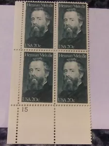 U.S. MINT NH 20 CENT HERMAN MELVILLE PLAT STAMP BLOCK CV 4.50 - Picture 1 of 2