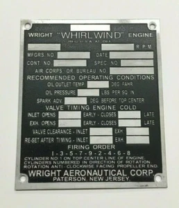 Wright Whirlwind Data Plate, Acid Etched Aluminum, 9 Cylinder, Wow! - Picture 1 of 1