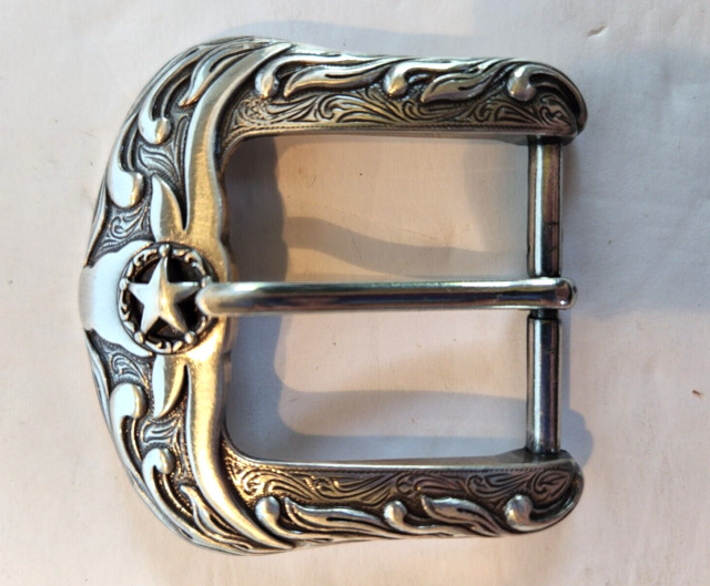H8459 Texas Ranger Star Gold and sterling silver engraved Western Belt  Buckle
