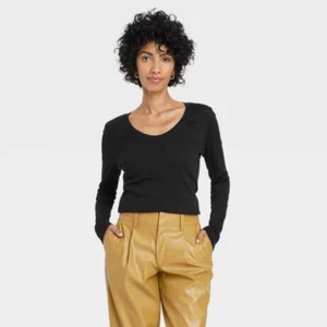 New Day Long Sleeve Ribbed Scoop Neck T-Shirt Womens XXL Stretch Black - Picture 1 of 13