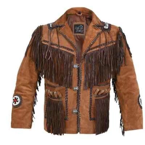 Herren Indianer Cowboy Lederjacke Fransen & Perlen Western Wildleder Jacke - Bild 1 von 5
