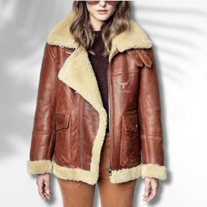 Women's RAF Aviator Pilot B3 Sheepskin Leather Bomber Jacket-Shearling Lined - Picture 1 of 9