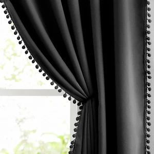 Black Pompom Curtains for Bedroom Living Room 95 Inch Triple Weave Full Blackout - Picture 1 of 9