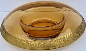 Vintage Cambridge Amber Glass Console 10" Bowl Encrusted Gold Rolled Rim - Picture 1 of 6
