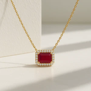 1.24Ct Red Ruby Diamond Emerald Cut Pendant Necklace 14K Yellow Gold - Picture 1 of 35