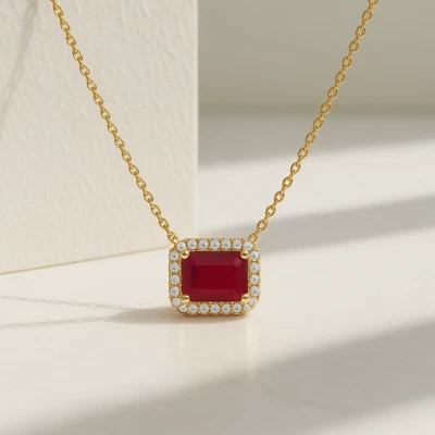 1.24Ct  Red Ruby Diamond Emerald Cut Pendant Necklace 14K Yellow Gold - Image 1 of 4