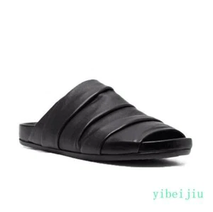 Men Summer Open Toe Slip On Beach Slipper Real Leather Flat Casual Pleated Shoes - Picture 1 of 5