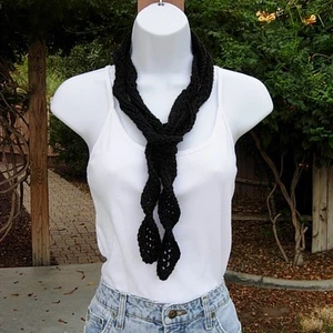 Solid Black Summer Scarf, Skinny Small Narrow Women's Lightweight Crochet Knit - Bild 1 von 8
